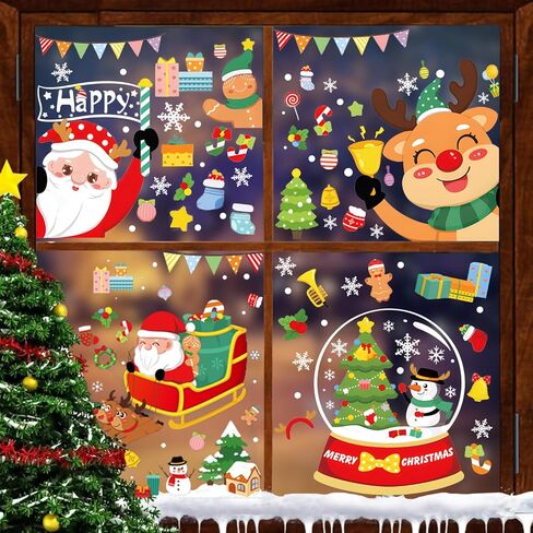 ملصقات نافذة عيد الميلاد من Dan River 10 أوراق 285 قطعة، ملصقات عيد الميلاد مزدوجة الجوانب، شارات النوافذ للنوافذ الزجاجية، أفلام نافذة ديكور عيد الميلاد ذاتية اللصق قابلة لإعادة الاستخدام | سانتا كلوز، الرنة، الثلج in Kuwait