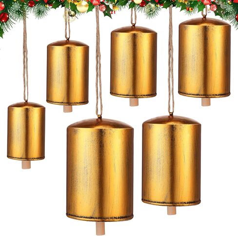 Lukmaa Set of 6 Giant Harmony Cow Bells Rustic Metal Hanging Bells Vintage Handmade Hanging Bell Cow Bells with Jute Hanging Rope Alloy Xmas Garden Bells Retro Metal Bells Wind Chimes in Kuwait