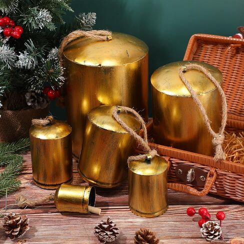 Lukmaa Set of 6 Giant Harmony Cow Bells Rustic Metal Hanging Bells Vintage Handmade Hanging Bell Cow Bells with Jute Hanging Rope Alloy Xmas Garden Bells Retro Metal Bells Wind Chimes in Kuwait