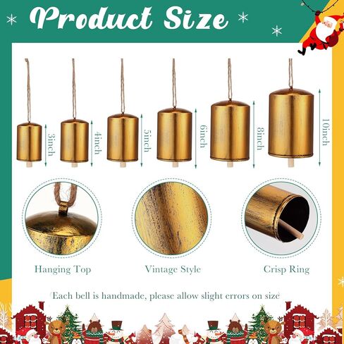 Lukmaa Set of 6 Giant Harmony Cow Bells Rustic Metal Hanging Bells Vintage Handmade Hanging Bell Cow Bells with Jute Hanging Rope Alloy Xmas Garden Bells Retro Metal Bells Wind Chimes in Kuwait
