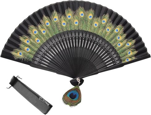 INNOLIFE Peacock Chinese/Japanese Hand Folding Fan Bamboo Carved Frame Silk Craft Fan (Black) in Saudi Arabia