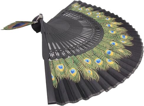 INNOLIFE Peacock Chinese/Japanese Hand Folding Fan Bamboo Carved Frame Silk Craft Fan (Black) in Saudi Arabia