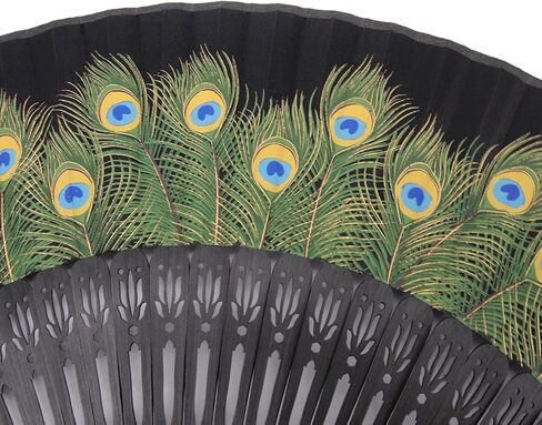 INNOLIFE Peacock Chinese/Japanese Hand Folding Fan Bamboo Carved Frame Silk Craft Fan (Black) in Saudi Arabia