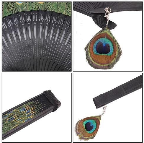 INNOLIFE Peacock Chinese/Japanese Hand Folding Fan Bamboo Carved Frame Silk Craft Fan (Black) in Saudi Arabia
