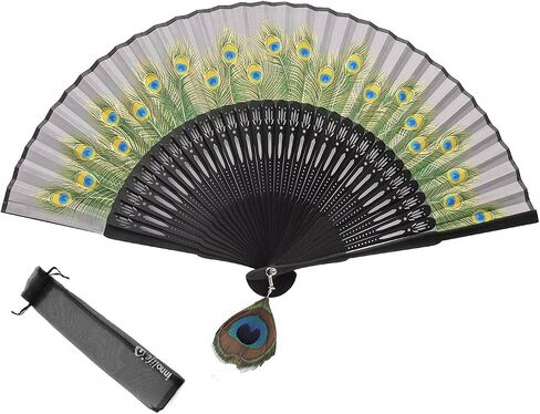 INNOLIFE Peacock Chinese/Japanese Hand Folding Fan Bamboo Carved Frame Silk Craft Fan (Black) in Saudi Arabia