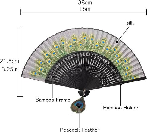 INNOLIFE Peacock Chinese/Japanese Hand Folding Fan Bamboo Carved Frame Silk Craft Fan (Black) in Saudi Arabia