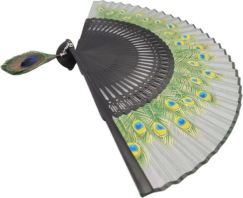 INNOLIFE Peacock Chinese/Japanese Hand Folding Fan Bamboo Carved Frame Silk Craft Fan (Black) in Saudi Arabia