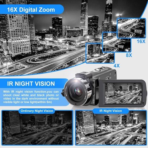 كاميرا فيديو UHD 2.7K 30FPS 36MP IR Night Version Vlogging Camera Recorder 16X كاميرا تكبير رقمية مع شاشة لمس 3.0 بوصة، ميكروفون، مثبت يدوي، غطاء عدسة، جهاز تحكم عن بعد، بطاريتان in Kuwait