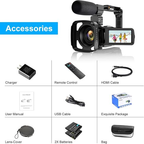 كاميرا فيديو UHD 2.7K 30FPS 36MP IR Night Version Vlogging Camera Recorder 16X كاميرا تكبير رقمية مع شاشة لمس 3.0 بوصة، ميكروفون، مثبت يدوي، غطاء عدسة، جهاز تحكم عن بعد، بطاريتان in Kuwait