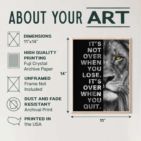 Office Wall Art For Men 11x14 - Inspirational Wall Decor - Motivational quote - positive affirmation Wall Art - Gym Motivation Poster - Man cave Wall Decorations - Lion Wall Decor - LARGE Unframed in Saudi Arabia
