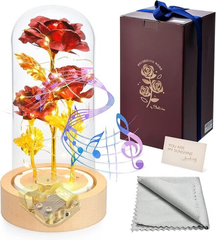 Blue Rose Gift for Her, Women Romantic Valentine Gifts for Wife Led Galaxy Rose in Glass Dome,Three Flowers in Glass Dome with Music, Anniversary Birthday Gifts Valentines Day for Her(Blue) in Saudi Arabia