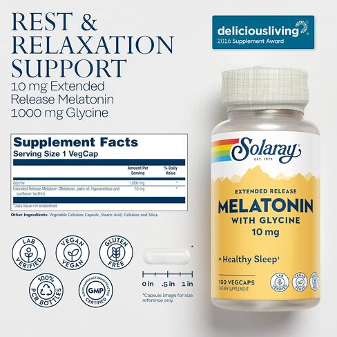 SOLARAY Melatonin 10 mg with Glycine, Extended Release, Healthy Sleep Cycle & Calming Relaxation Support, 100 VegCaps in Saudi Arabia