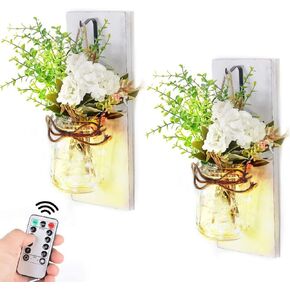 YI LIGHTING Set of 2 Rustic Wall Sconces - Mason Jars Sconce, Rustic Home Decor, Wrought Iron Hooks with LED Fairy Lights for Home Decoration Gift (White) in Kuwait