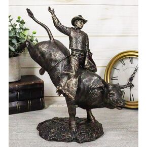 Ebros Rustic Western Rodeo Bull Rider Cowboy On Bucking Bull Statue 10.5" Tall Faux Bronze Resin Old World Wild West Cattle Bull Riding Cowboys Themed Accent Figurine in Saudi Arabia