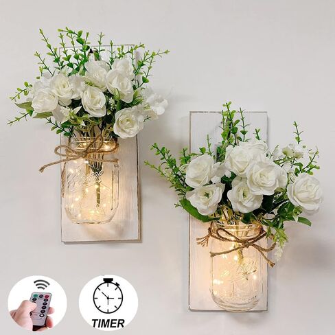 YI LIGHTING مجموعة من 2 شمعدان حائط ريفي - شمعدان ماسون، ديكور منزلي ريفي، خطافات من الحديد المطاوع مع أضواء LED خرافية كهدية تزيين المنزل (أبيض) in Kuwait