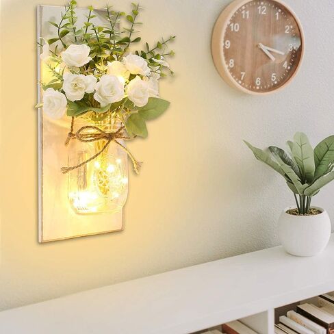 YI LIGHTING مجموعة من 2 شمعدان حائط ريفي - شمعدان ماسون، ديكور منزلي ريفي، خطافات من الحديد المطاوع مع أضواء LED خرافية كهدية تزيين المنزل (أبيض) in Kuwait