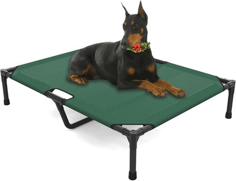 FIOCCO Raised Dog Bed - Heavy Duty Raised Dog Cots Beds with Washable & Breathable Mesh, Portable Chew Proof Pet Bed for Indoor & Outdoor, Cooling Dog Bed for Large Dogs, Blackish Green in Kuwait