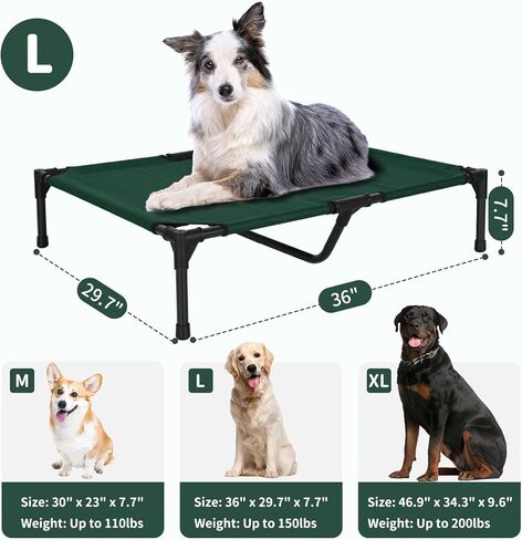 FIOCCO Raised Dog Bed - Heavy Duty Raised Dog Cots Beds with Washable & Breathable Mesh, Portable Chew Proof Pet Bed for Indoor & Outdoor, Cooling Dog Bed for Large Dogs, Blackish Green in Kuwait
