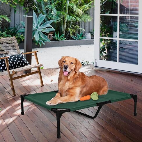 FIOCCO Raised Dog Bed - Heavy Duty Raised Dog Cots Beds with Washable & Breathable Mesh, Portable Chew Proof Pet Bed for Indoor & Outdoor, Cooling Dog Bed for Large Dogs, Blackish Green in Kuwait