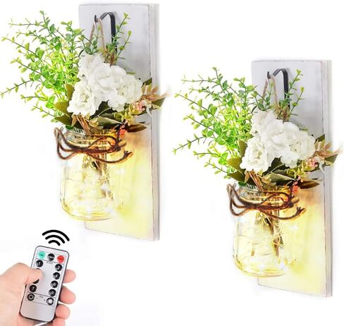 YI LIGHTING Set of 2 Rustic Wall Sconces - Mason Jars Sconce, Rustic Home Decor, Wrought Iron Hooks with LED Fairy Lights for Home Decoration Gift (White) in Kuwait
