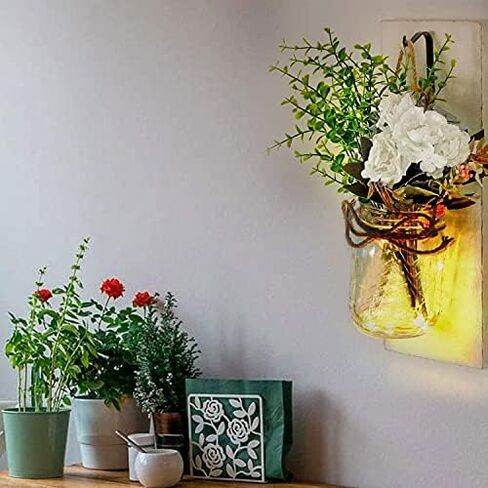 YI LIGHTING Set of 2 Rustic Wall Sconces - Mason Jars Sconce, Rustic Home Decor, Wrought Iron Hooks with LED Fairy Lights for Home Decoration Gift (White) in Kuwait
