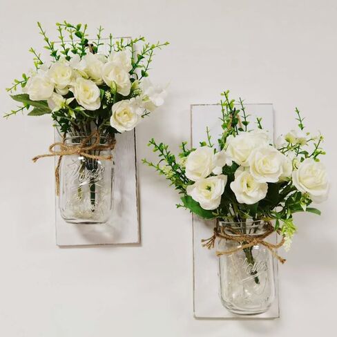 YI LIGHTING Set of 2 Rustic Wall Sconces - Mason Jars Sconce, Rustic Home Decor, Wrought Iron Hooks with LED Fairy Lights for Home Decoration Gift (White) in Kuwait