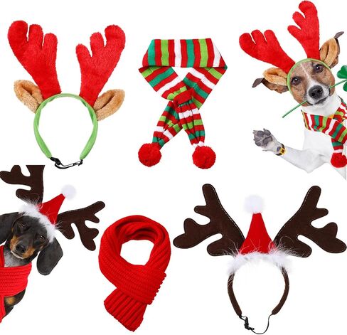 Zubebe 4 Pcs Dog Christmas Antlers Headband with Dog Christmas Scarf Set Dog Christmas Outfit Reindeer Antlers Dog Headband Holiday Scarf for Xmas Party Pets Dog Costumes Accessories in Saudi Arabia