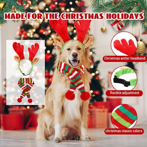 Zubebe 4 Pcs Dog Christmas Antlers Headband with Dog Christmas Scarf Set Dog Christmas Outfit Reindeer Antlers Dog Headband Holiday Scarf for Xmas Party Pets Dog Costumes Accessories in Saudi Arabia