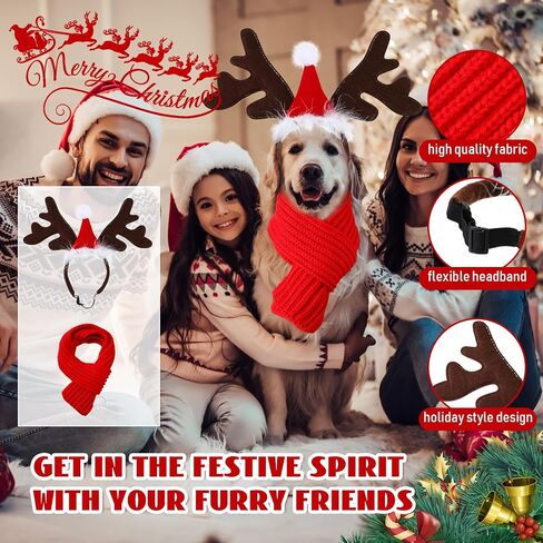 Zubebe 4 Pcs Dog Christmas Antlers Headband with Dog Christmas Scarf Set Dog Christmas Outfit Reindeer Antlers Dog Headband Holiday Scarf for Xmas Party Pets Dog Costumes Accessories in Saudi Arabia
