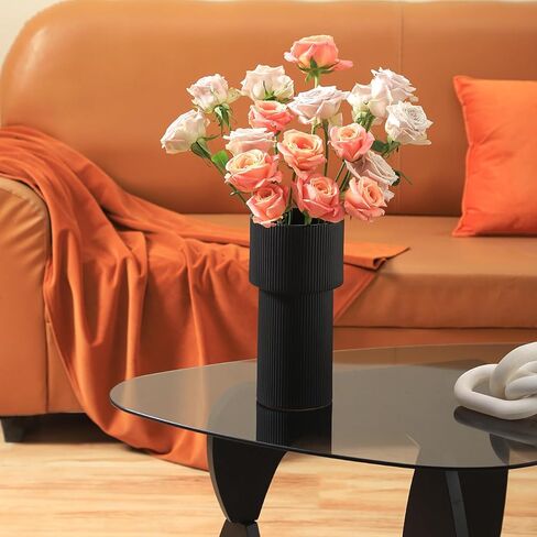 YANWE1 Black Ceramic Flower Vase, Decorative Vase, Boho Vase, Mondern Vase, Ribbed Vase, Rectangle Vase, Pampas Grass Vase for Decor, Living Room, Office, Mantel, Wedding, Dinning Table, 7.3 Inches in Saudi Arabia