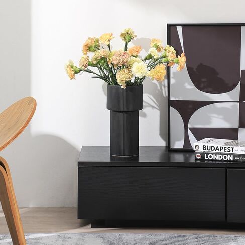 YANWE1 Black Ceramic Flower Vase, Decorative Vase, Boho Vase, Mondern Vase, Ribbed Vase, Rectangle Vase, Pampas Grass Vase for Decor, Living Room, Office, Mantel, Wedding, Dinning Table, 7.3 Inches in Saudi Arabia