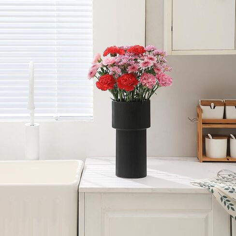 YANWE1 Black Ceramic Flower Vase, Decorative Vase, Boho Vase, Mondern Vase, Ribbed Vase, Rectangle Vase, Pampas Grass Vase for Decor, Living Room, Office, Mantel, Wedding, Dinning Table, 7.3 Inches in Saudi Arabia