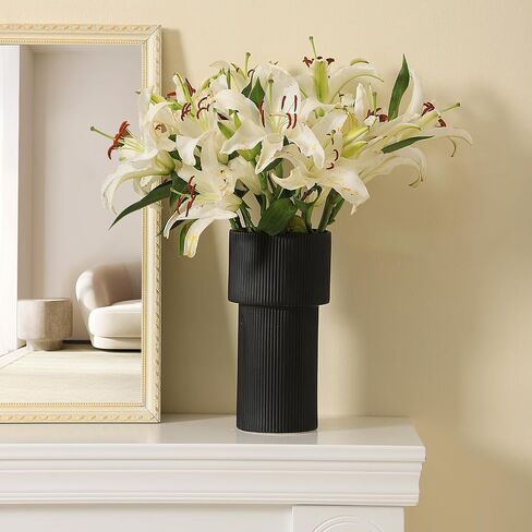 YANWE1 Black Ceramic Flower Vase, Decorative Vase, Boho Vase, Mondern Vase, Ribbed Vase, Rectangle Vase, Pampas Grass Vase for Decor, Living Room, Office, Mantel, Wedding, Dinning Table, 7.3 Inches in Saudi Arabia
