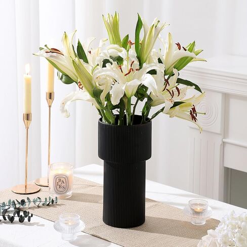 YANWE1 Black Ceramic Flower Vase, Decorative Vase, Boho Vase, Mondern Vase, Ribbed Vase, Rectangle Vase, Pampas Grass Vase for Decor, Living Room, Office, Mantel, Wedding, Dinning Table, 7.3 Inches in Saudi Arabia