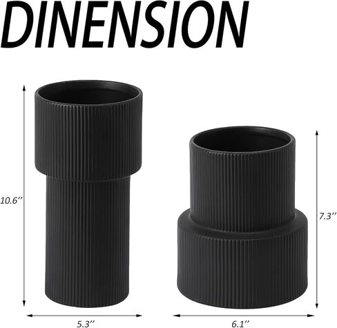 YANWE1 Black Ceramic Flower Vase, Decorative Vase, Boho Vase, Mondern Vase, Ribbed Vase, Rectangle Vase, Pampas Grass Vase for Decor, Living Room, Office, Mantel, Wedding, Dinning Table, 7.3 Inches in Saudi Arabia