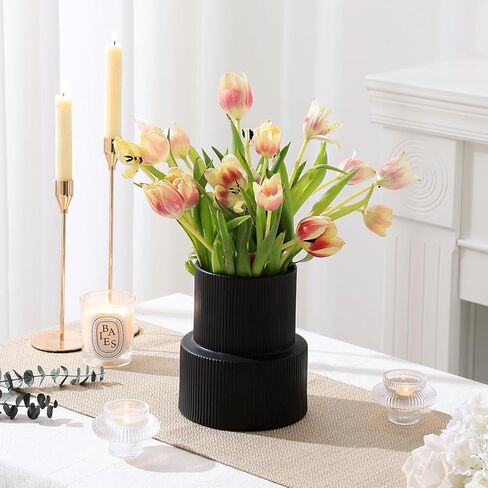 YANWE1 Black Ceramic Flower Vase, Decorative Vase, Boho Vase, Mondern Vase, Ribbed Vase, Rectangle Vase, Pampas Grass Vase for Decor, Living Room, Office, Mantel, Wedding, Dinning Table, 7.3 Inches in Saudi Arabia