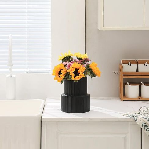YANWE1 Black Ceramic Flower Vase, Decorative Vase, Boho Vase, Mondern Vase, Ribbed Vase, Rectangle Vase, Pampas Grass Vase for Decor, Living Room, Office, Mantel, Wedding, Dinning Table, 7.3 Inches in Saudi Arabia