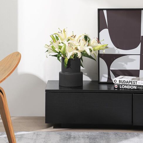 YANWE1 Black Ceramic Flower Vase, Decorative Vase, Boho Vase, Mondern Vase, Ribbed Vase, Rectangle Vase, Pampas Grass Vase for Decor, Living Room, Office, Mantel, Wedding, Dinning Table, 7.3 Inches in Saudi Arabia