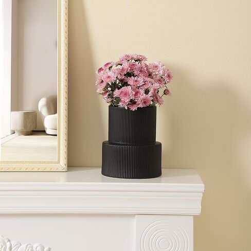YANWE1 Black Ceramic Flower Vase, Decorative Vase, Boho Vase, Mondern Vase, Ribbed Vase, Rectangle Vase, Pampas Grass Vase for Decor, Living Room, Office, Mantel, Wedding, Dinning Table, 7.3 Inches in Saudi Arabia