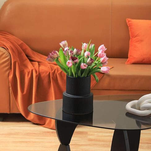 YANWE1 Black Ceramic Flower Vase, Decorative Vase, Boho Vase, Mondern Vase, Ribbed Vase, Rectangle Vase, Pampas Grass Vase for Decor, Living Room, Office, Mantel, Wedding, Dinning Table, 7.3 Inches in Saudi Arabia