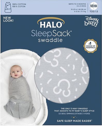 HALO 100% Cotton Sleepsack Swaddle, 3-Way Adjustable Wearable Blanket, TOG 1.5, Confetti Mickey Grey, Small, 3-6 Months in Saudi Arabia
