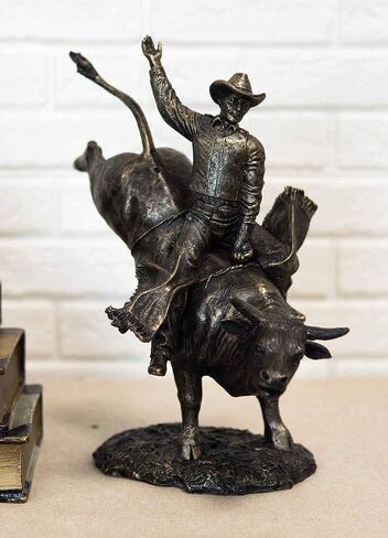 Ebros Rustic Western Rodeo Bull Rider Cowboy On Bucking Bull Statue 10.5" Tall Faux Bronze Resin Old World Wild West Cattle Bull Riding Cowboys Themed Accent Figurine in Saudi Arabia