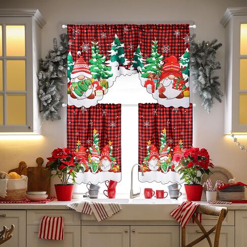 6 Pcs Christmas Kitchen Curtains Window Curtains and Valance Set Snowman Christmas Tree Gnome Buffalo Plaid Christmas Curtains Swag for Bedroom Living Room, 60 x 36 Valance, 36 x 30 Tier (Snowflake) in Saudi Arabia