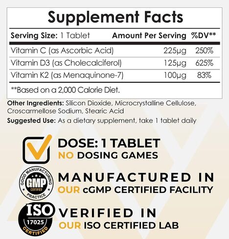 Nootropics Depot Vitamin D3 + K2 with Vitamin C Tablets | 365 Count | 125μg | Equivalent to 5000 IU | Year Supply in Saudi Arabia