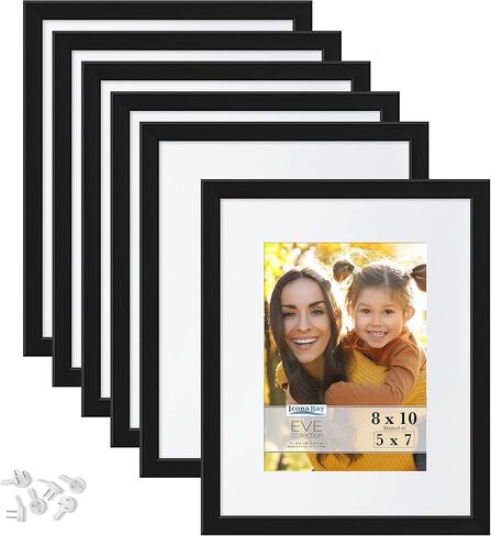 Icona Bay 8x10 Picture Frames w/Removable Mat to 5x7 (Black, 6 Pack), Modern Double-Beveled Frame, Tabletop or Wall Mount, Eve Collection in Kuwait