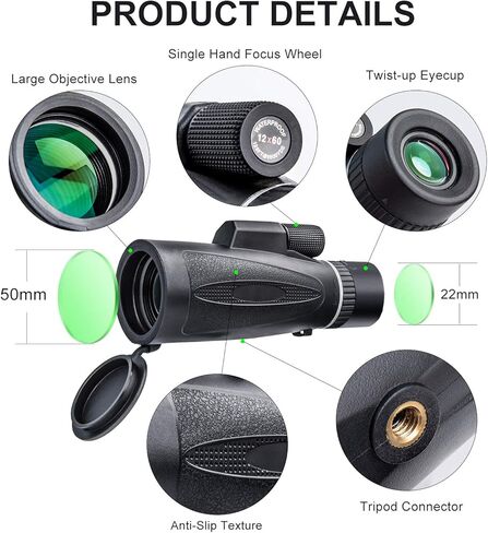 تلسكوب أحادي العيون 12 × 60 عالي الطاقة مع بوصلة وحامل الهاتف الذكي فيديو 2020 أحدث مضاد للماء للطائر الرياضي مشاهدة السفر الصيد التخييم شاطئ المراقبة in Kuwait