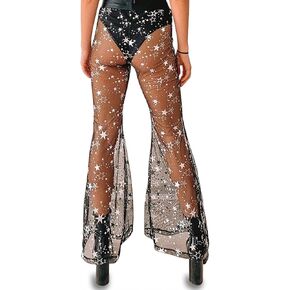 Rave Outfit for Women Outfit Festival Dance Clubwear Bell Bottom Mesh Sheer Pants in Kuwait
