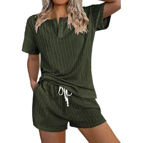 Ekouaer Womens 2 Piece Lounge Sets Ribbed Knit Pajama Tops Sleepwear Sweatsuits Matching Shorts with Pockets