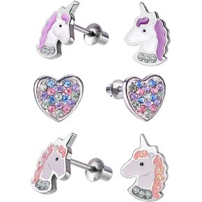 Hypoallergenic Unicorn Butterfly Heart Turtle Flower Paw Print Mouse Cupcake Soccer Ball Stud Earring Set with Secure Screwback for Kids, Toddlers, Little Girls, Baby Girls
