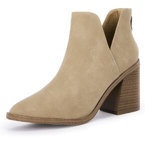 Womens Pointed Toe Stacked Mid Heel Ankle Boots V Cut Back Zipper Faux Leather Booties in Saudi Arabia